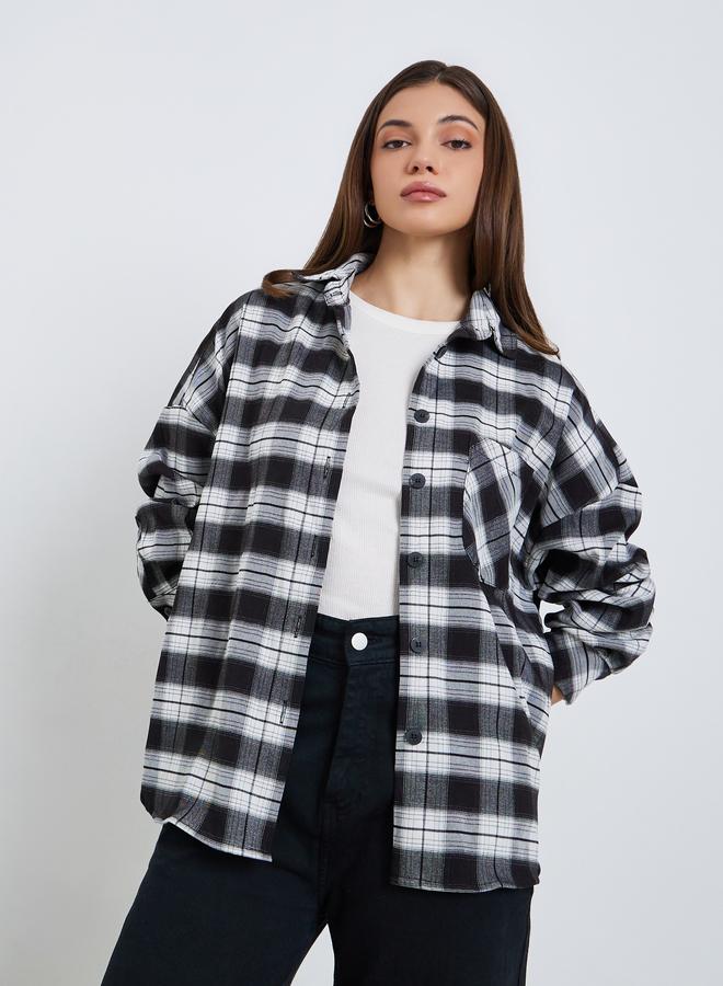 ستايلي بلوزة بقصة واسعة بنقشة مربعات وجيوب - Image 2